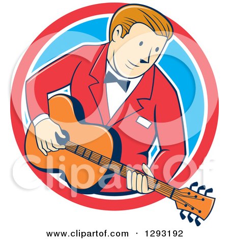 Clipart of a Retro Cartoon White Male Musician Playing a Guitar and Emerging from a Red White and Blue Circle - Royalty Free Vector Illustration by patrimonio