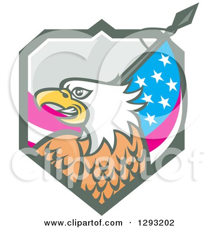 Clipart of a Retro Cartoon Tough Bald Eagle Head with an American Flag in a Shield - Royalty Free Vector Illustration by patrimonio