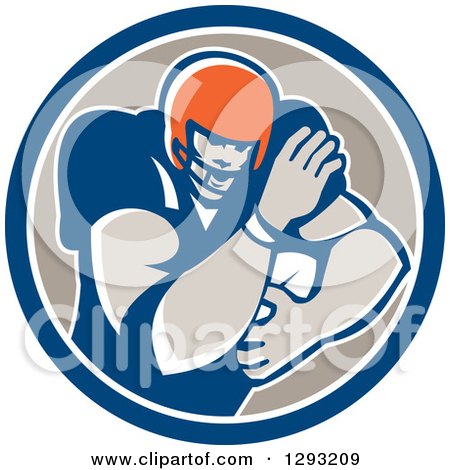 Clipart of a Retro Male Gridiron American Football Player Fending with a Ball in a Blue White and Taupe Circle - Royalty Free Vector Illustration by patrimonio