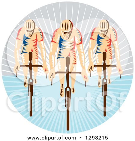 Clipart of a Team of Retro Woodcut Cyclists in a Circle of Sunshine - Royalty Free Vector Illustration by patrimonio