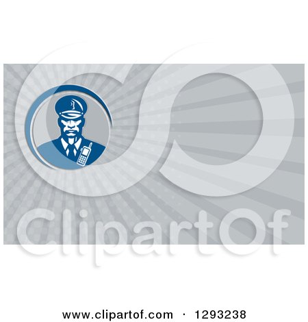Clipart of a Retro African American Security Guard and Gray Rays Background or Business Card Design - Royalty Free Illustration by patrimonio
