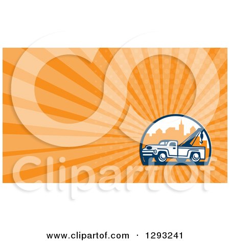 Clipart of a Retro Tow Truck in the City and Orange Rays Background or Business Card Design - Royalty Free Illustration by patrimonio