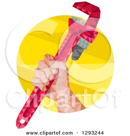 Clipart of a Low Polygon Geometric Plumbers Hand Holding a Monkey Wrench in a Yellow Circle - Royalty Free Vector Illustration by patrimonio
