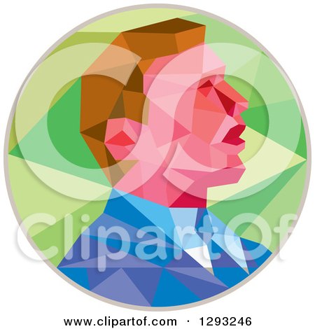 Clipart of a Geometric Retro White Businessman or Politician Speaking in a Green and Gray Circle - Royalty Free Vector Illustration by patrimonio