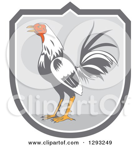 Clipart of a Retro Crowing Rooster in a Gray and White Shield - Royalty Free Vector Illustration by patrimonio