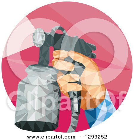 Clipart of a Low Polygon Geometric Retro Hand Holding a Spray Paint Gun in a Red Circle - Royalty Free Vector Illustration by patrimonio