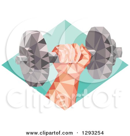 Clipart of a Low Polygon Geometric Hand Holding up a Dumbbell in a Diamond - Royalty Free Vector Illustration by patrimonio