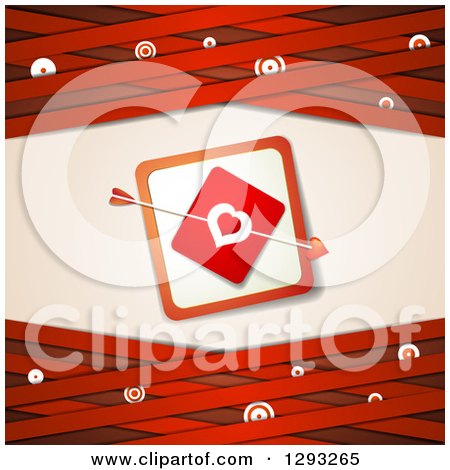 Clipart of a Red Valentine Background with Cupids Arrow Through a Love Heart Card over Lattice with Targets - Royalty Free Vector Illustration by merlinul