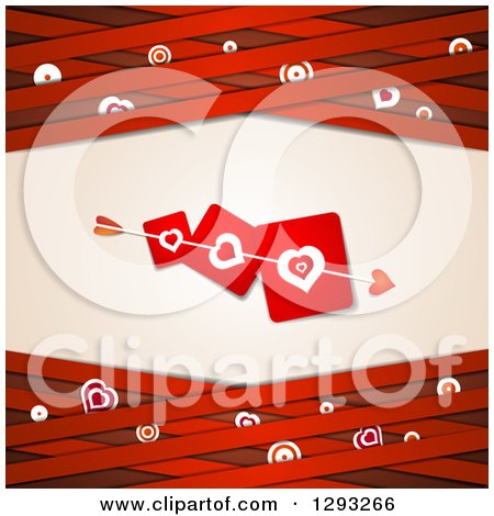 Clipart of a Red Valentine Background with Cupids Arrow Through Love Heart Cards over Lattice with Targets - Royalty Free Vector Illustration by merlinul