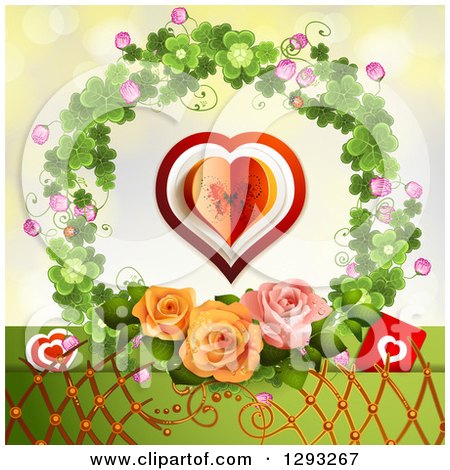 Clipart of a Valentines Day Background of Hearts Lattice and Roses in a Clover Wreath - Royalty Free Vector Illustration by merlinul