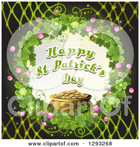 Clipart of a St Patricks Day Greeting and Pot of Gold in a Wreath of Shamrocks over Black with Lattice - Royalty Free Vector Illustration by merlinul