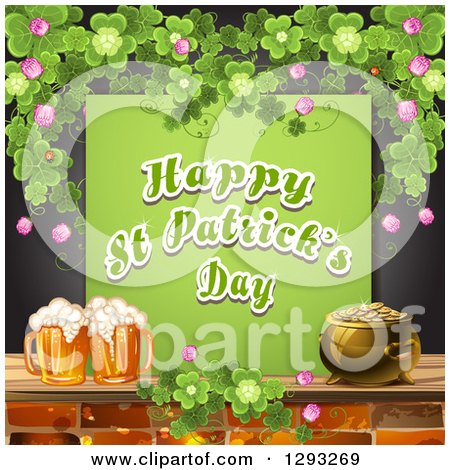 Clipart of a St Patricks Day Greeting, Beer and Pot of Gold with Shamrocks over Black - Royalty Free Vector Illustration by merlinul