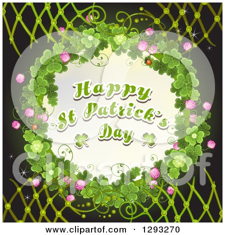 Clipart of a Happy St Patricks Day Greeting in a Ladybug and Shamrock Wreath on Black with Lattice - Royalty Free Vector Illustration by merlinul