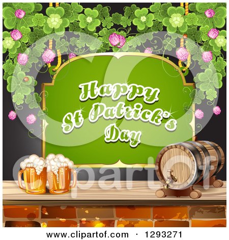 Clipart of a Green Happy St Patricks Day Sign with a Beer Keg and Mugs and Shamrocks over Black - Royalty Free Vector Illustration by merlinul