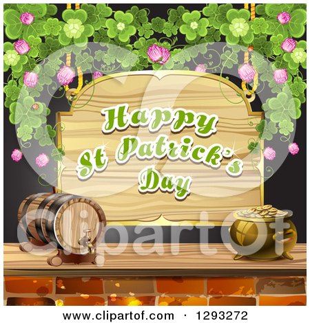 Clipart of a Wooden Happy St Patricks Day Sign with a Pot of Gold, Beer Keg and Shamrocks over Black - Royalty Free Vector Illustration by merlinul