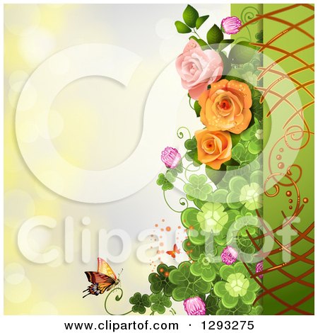 Clipart of a Floral Background with Roses, Shamrocks and a Monarch Butterfly with Bokeh Flares - Royalty Free Vector Illustration by merlinul