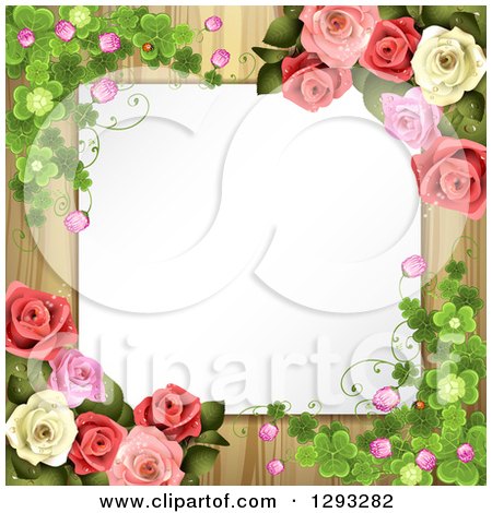 Clipart of a Blank White Piece of Paper over Wood and Framed with Shamrocks, Blossoms and Roses - Royalty Free Vector Illustration by merlinul