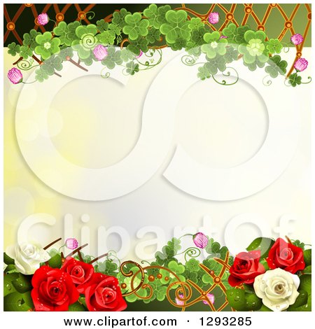 Clipart of a Floral Background with White and Red Roses, Shamrocks and a Lattice with Text Space - Royalty Free Vector Illustration by merlinul