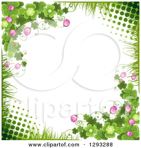 Clipart of a St Patricks Day Background with Grass, Halftone, Shamrocks, Clover Flowers and Ladybugs - Royalty Free Vector Illustration by merlinul