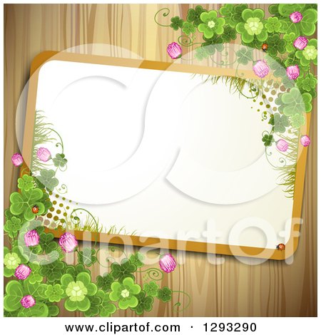 Clipart of a Slanted Frame with Grass and Halftone with St Patricks Day Shamrocks, Clover Flowers and Ladybugs on Wood - Royalty Free Vector Illustration by merlinul