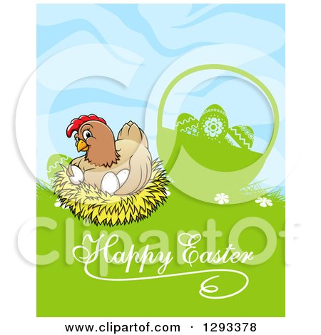 Clipart of a Nesting Hen by a Silhouetted Basket in Grass with Happy Easter Text - Royalty Free Vector Illustration by Vector Tradition SM