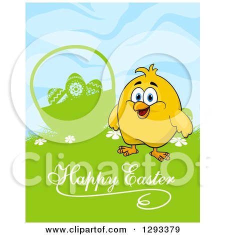 Clipart of a Yellow Chick by a Silhouetted Basket in Grass with Happy Easter Text - Royalty Free Vector Illustration by Vector Tradition SM