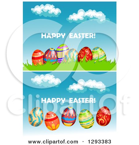Clipart of Happy Easter Greetings with Decorated Eggs over Sky - Royalty Free Vector Illustration by Vector Tradition SM