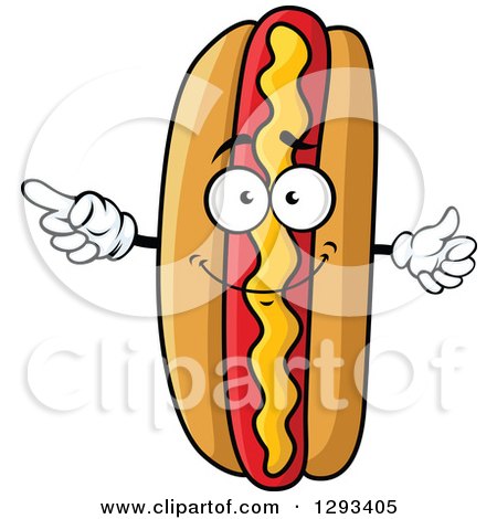 Clipart of a Cartoon Happy Hot Dog Character Pointing and Giving a Thumb up - Royalty Free Vector Illustration by Vector Tradition SM