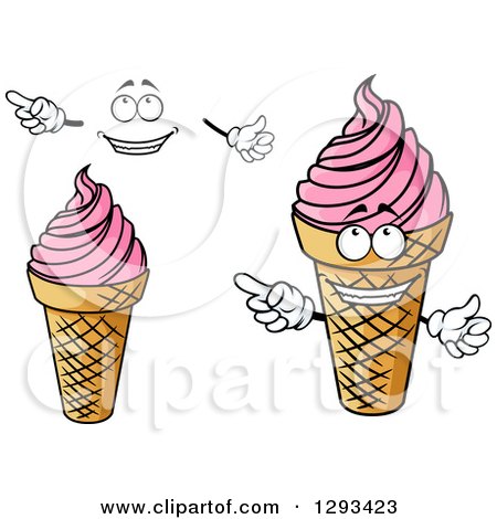 Clipart of Cartoon Ice Cream Cones with Strawberry Frozen Yogurt, a Face and Hands - Royalty Free Vector Illustration by Vector Tradition SM