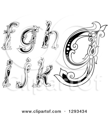 Clipart of Black and White Vintage Lowercase Floral Letters F, G, H, I, J and K - Royalty Free Vector Illustration by Vector Tradition SM