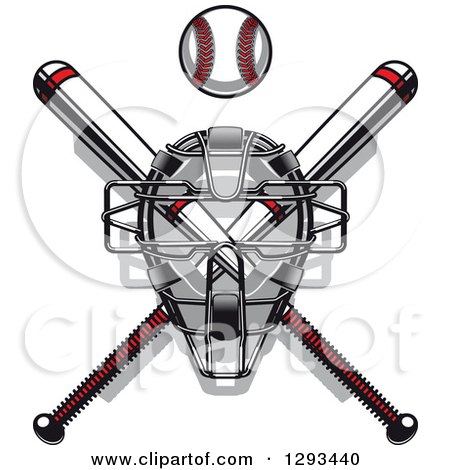 Clipart of a White and Red Baseball and Crossed Bats with a Catchers Mask - Royalty Free Vector Illustration by Vector Tradition SM