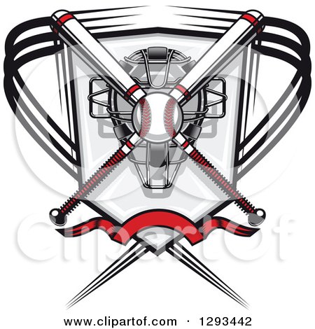 Clipart of a White and Red Baseball and Crossed Bats over a Catchers Mask and Shield with a Banner - Royalty Free Vector Illustration by Vector Tradition SM
