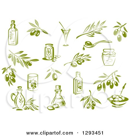 Clipart of Green Olives, Branches, Oil and Jars - Royalty Free Vector Illustration by Vector Tradition SM