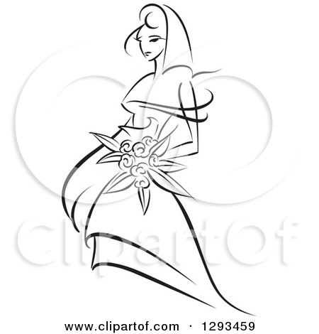 Clipart of a Sketched Black and White Bride Holding a Bouquet of Flowers and Facing Left - Royalty Free Vector Illustration by Vector Tradition SM