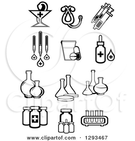 Clipart of Black and White Pharmaceutical, Medical and Science Icons - Royalty Free Vector Illustration by Vector Tradition SM
