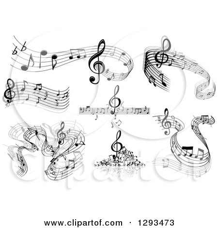 Clipart of Grayscale Flowing Music Note Wave Designs 4 - Royalty Free Vector Illustration by Vector Tradition SM
