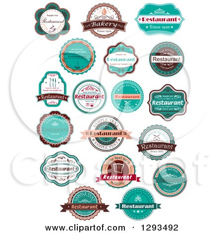 Clipart of Retro Peach White Brown and Turquoise Restaurant Label Designs with Sample Text - Royalty Free Vector Illustration by Vector Tradition SM