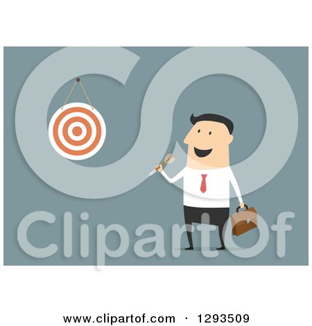 Clipart of a Flat Design of a White Businessman Throwing a Dart at His Goal Board, on Blue - Royalty Free Vector Illustration by Vector Tradition SM