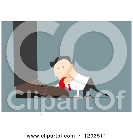 Clipart of a Flat Design of a White Businessman Licking the Shoe of His Boss, on Blue - Royalty Free Vector Illustration by Vector Tradition SM