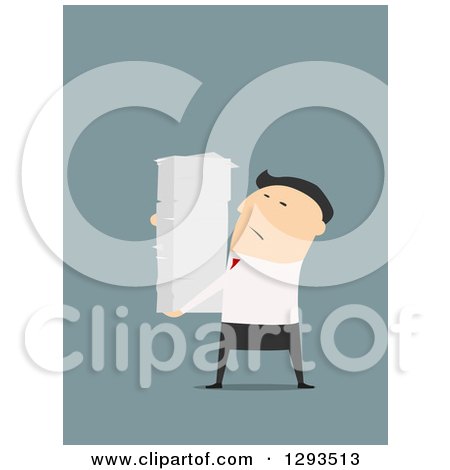 Clipart of a Flat Design of a White Businessman Carrying a Huge Stack of Paperwork, on Blue - Royalty Free Vector Illustration by Vector Tradition SM