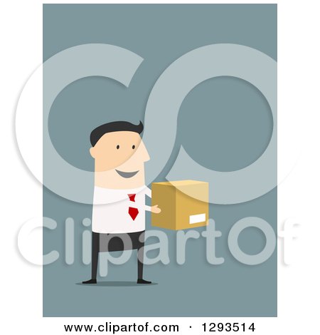 Clipart of a Flat Design of a White Businessman Holding out a Box, on Blue - Royalty Free Vector Illustration by Vector Tradition SM