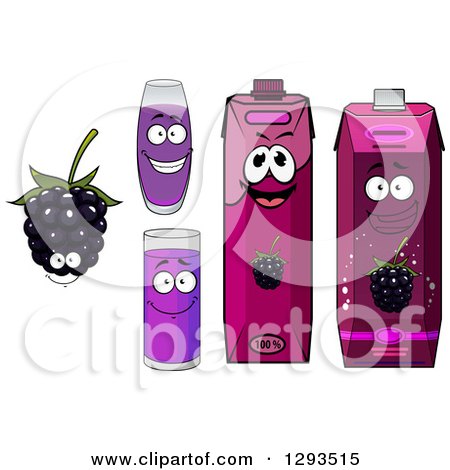 Clipart of a Happy Blackberry Character, Cups and Juice Cartons - Royalty Free Vector Illustration by Vector Tradition SM