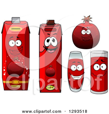 Clipart of a Happy Pomegranate Character, Cups and Juice Cartons - Royalty Free Vector Illustration by Vector Tradition SM