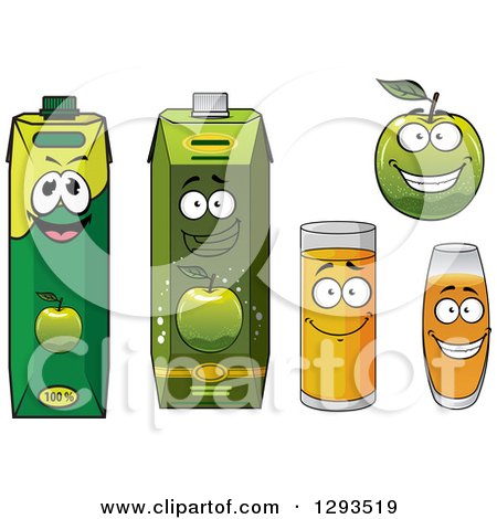 Clipart of a Happy Green Apple and Juice Cartons and Glasses - Royalty Free Vector Illustration by Vector Tradition SM