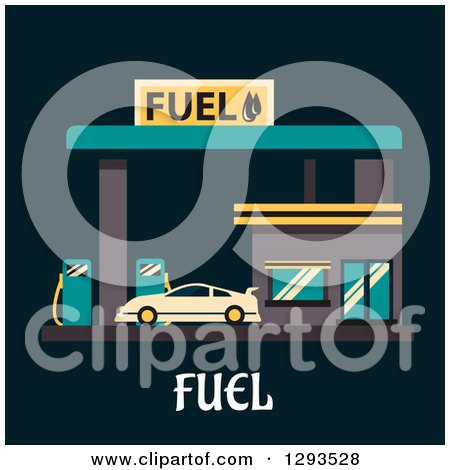 Clipart of a Flat Modern Design of a Car Getting Fuel at a Gas Station, with Text on Black - Royalty Free Vector Illustration by Vector Tradition SM