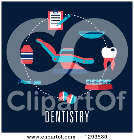 Clipart of a Flat Design of a Dentist Chair and Items over Text on Dark Blue - Royalty Free Vector Illustration by Vector Tradition SM