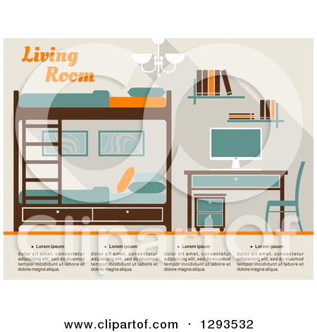 Clipart of a Tan Teal Brown and Orange Bedroom with Bunk Beds and a Desk - Royalty Free Vector Illustration by Vector Tradition SM
