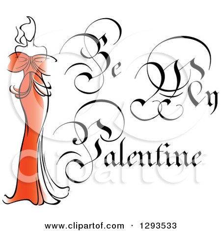 Clipart of a Ornate Be My Valentine Text with a Lady in Red 2 - Royalty Free Vector Illustration by Vector Tradition SM