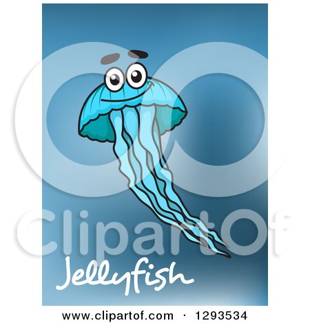 Clipart of a Happy Blue Jellyfish over Text and Blur - Royalty Free Vector Illustration by Vector Tradition SM