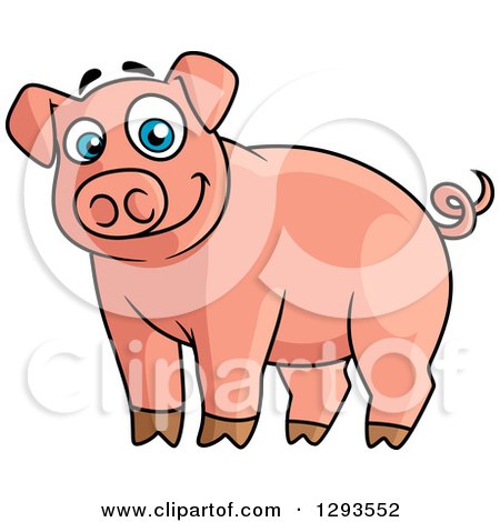 Clipart of a Cartoon Alert Happy Blue Eyed Pink Pig - Royalty Free Vector Illustration by Vector Tradition SM
